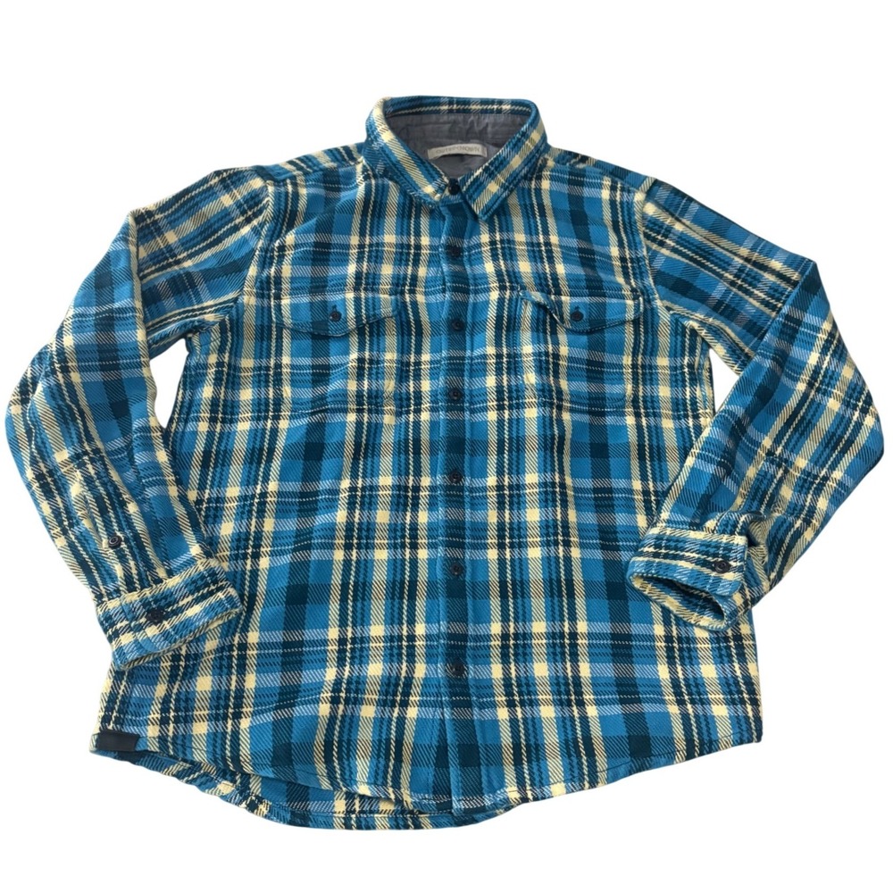 Outerknown Blanket Shirt Men L Blue Yellow Plaid Heavy Organic Cotton Flannel